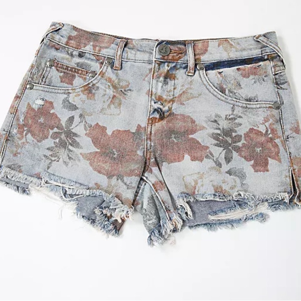 Free People Floral Denim Shorts - Gray and Brown